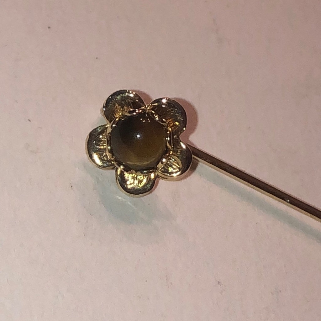 Gold Tone Vintage Tigers Eye Floral Stick Pin Brooch Hat Pin